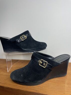 ☔️ RALPH LAUREN Black Suede Wedge Mules with Gold Buckle